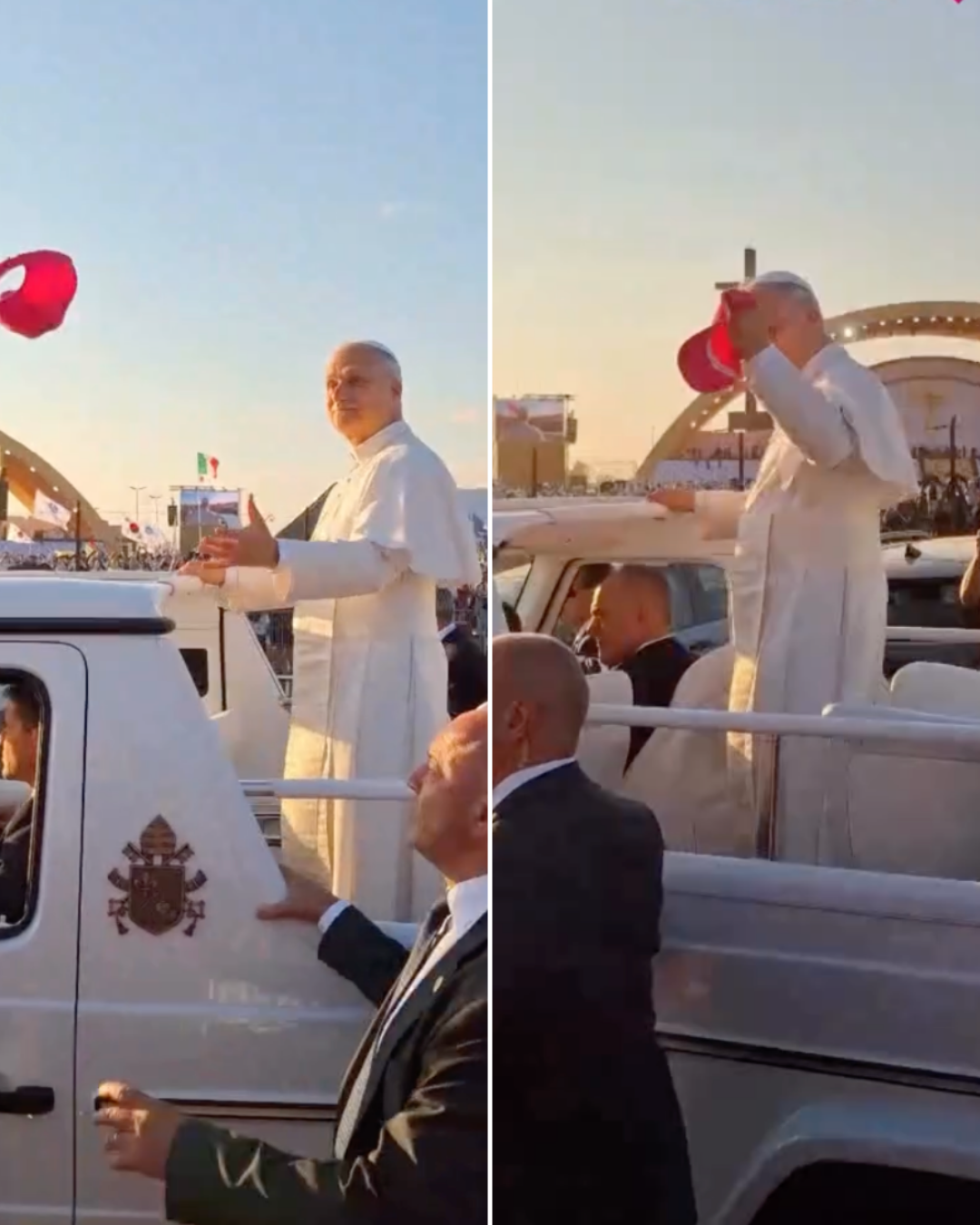 Giovani Pellegrini lanciano il proprio Cappellino a Papa Leone XIV e lui lo prende al Volo